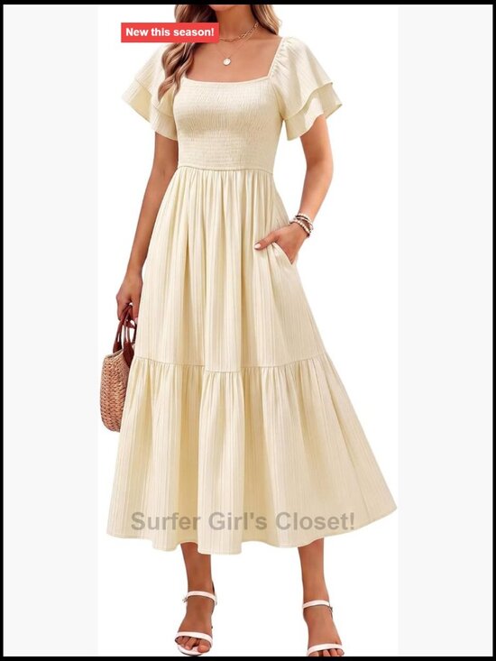 Dresses & Skirts - Square Neck Midi Dress Short Sleeve Ruffle Smocked High Waist Summer Vacation